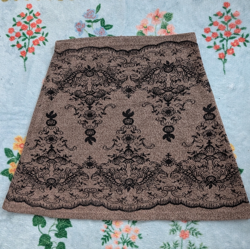 60s 70s Vintage Girls knit Black and Brown Lace Pattern Skirt